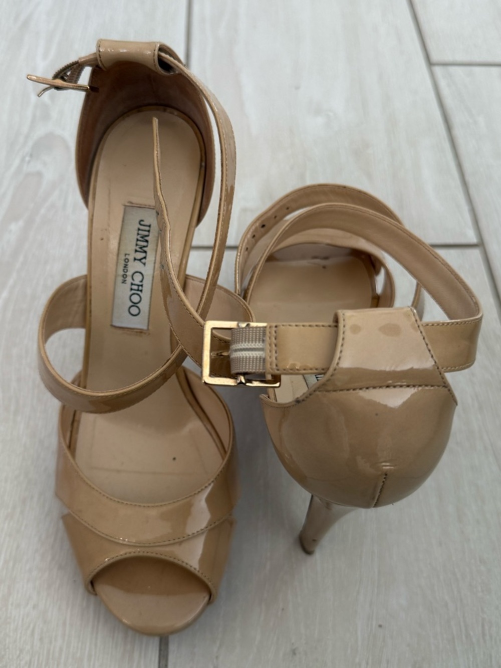 Jimmy Choo Nude Patent Leather Ankle-Strap Heels with rose gold platform size 39